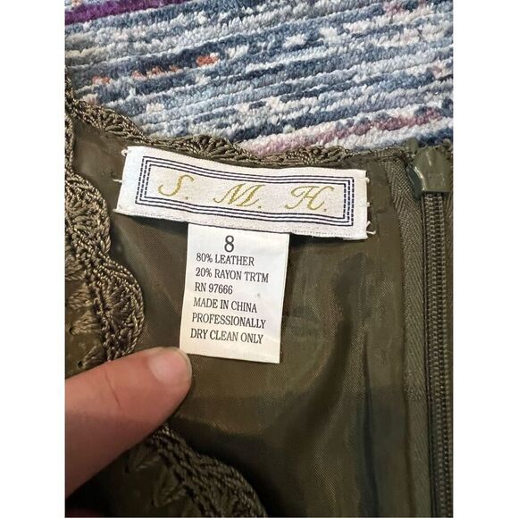 S.M.H. Boutique Patchwork Leather Olive Midi Dress Size 8 - Picture 5 of 8